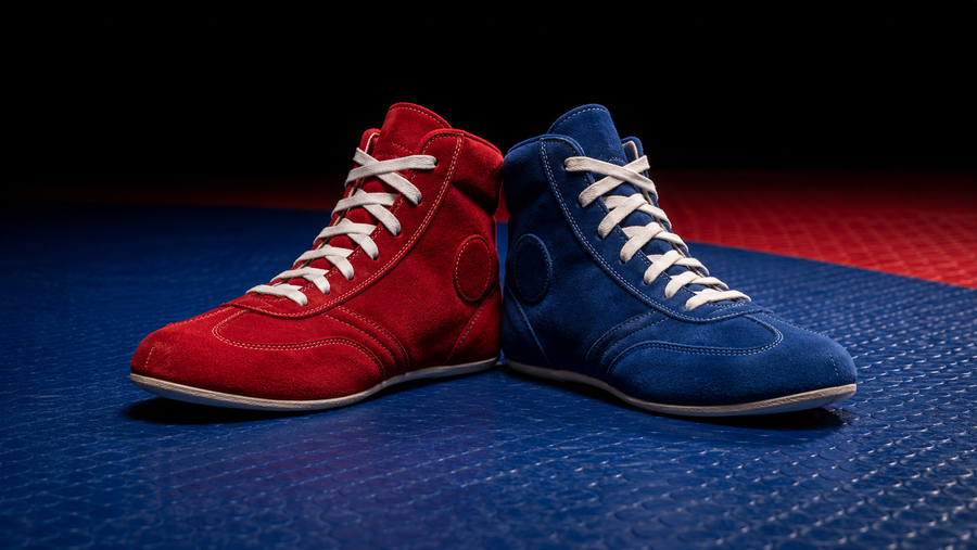 Red and blue FIAS approved Sambo shoes on a competition mat — sambovki Australia