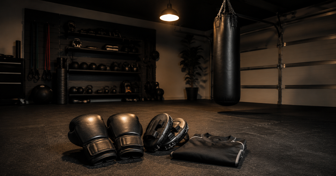 Home martial arts training setup with boxing gloves and heavy bag in residential garage