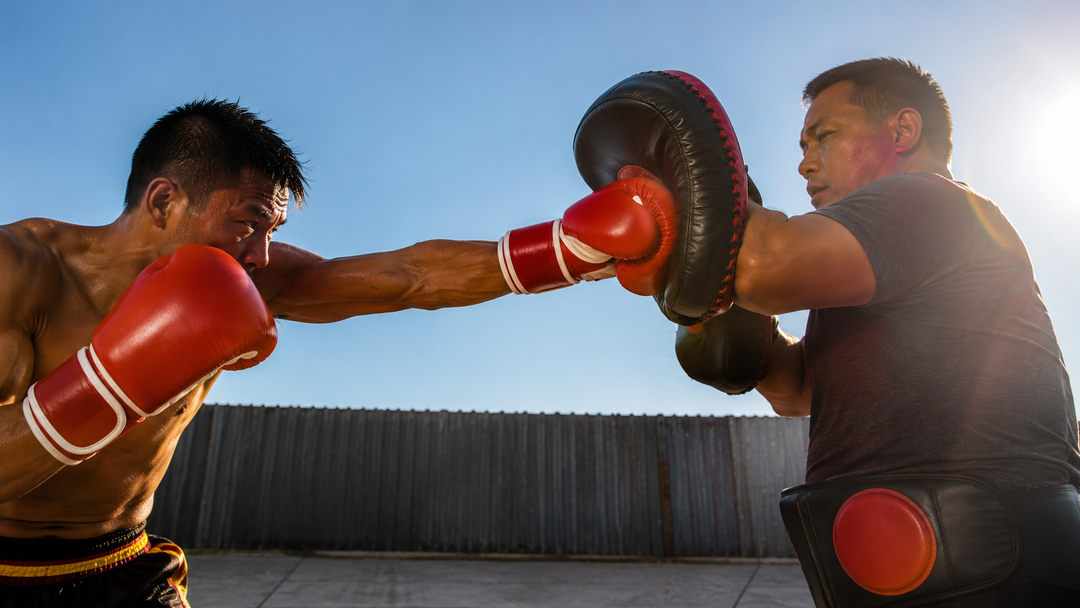 Muay Thai fighter throwing a punch into Thai pads wearing red sparring gloves