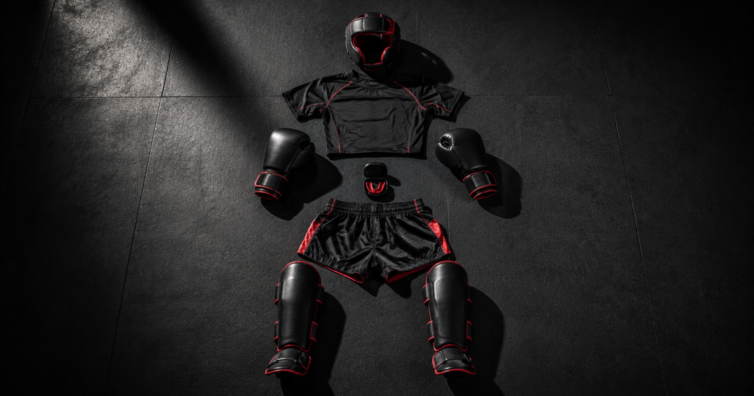 Complete martial arts protective gear including shin guards, headgear and mouthguard laid out on mat