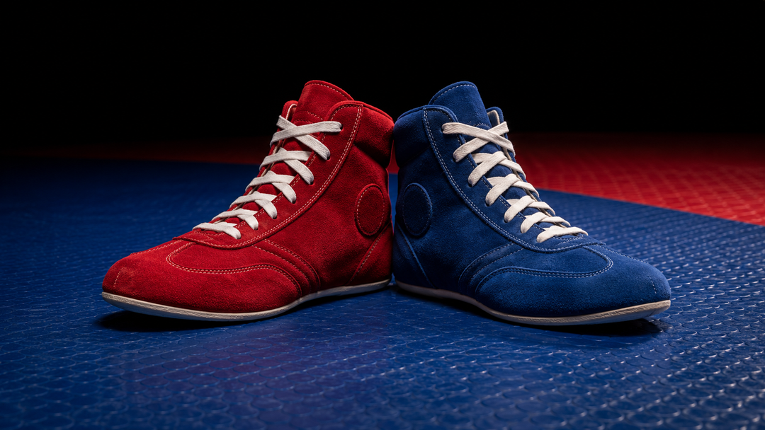 Red and blue FIAS approved Sambo shoes on a competition mat — sambovki Australia
