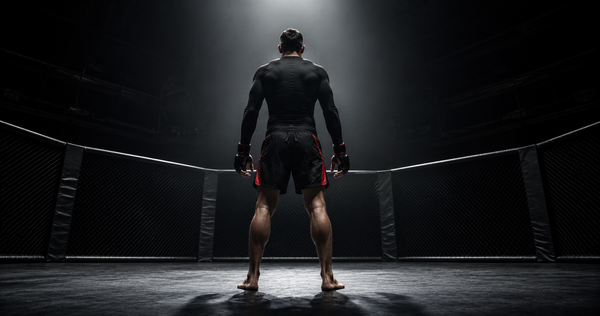 MMA fighter in full training kit standing in centre of empty gym mat – Australia