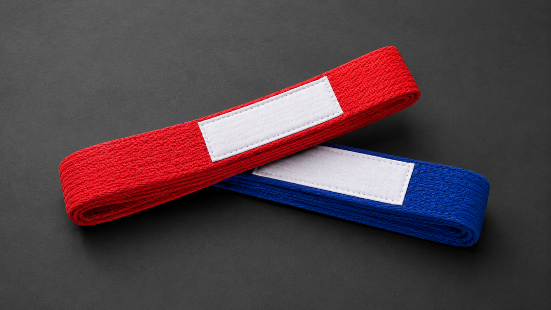 SAMBO red and blue competition belts with FIAS rank stripe insignia