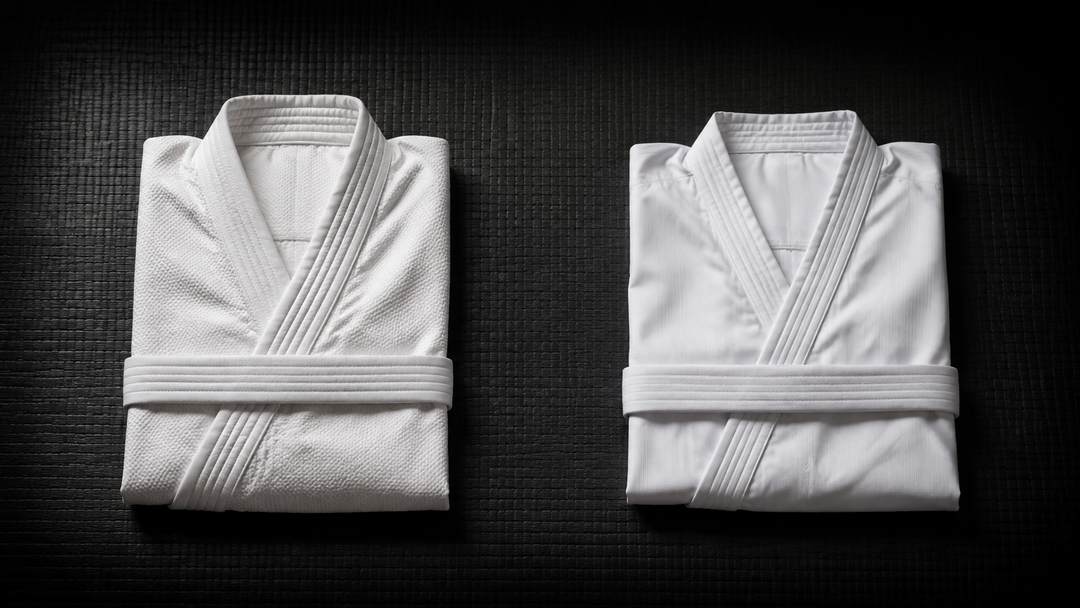 Heavyweight canvas kata gi and lightweight kumite gi compared side by side