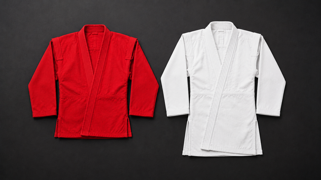 Red sambo kurtka and white judo gi comparison showing length difference