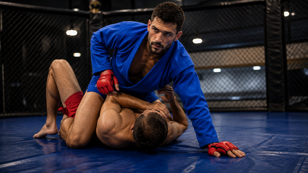 MMA fighter in sambo kurtka in dominant ground position during cross-training