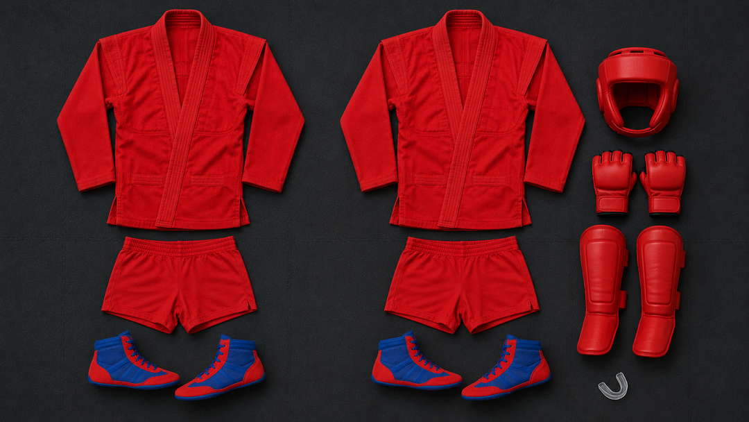 Sport Sambo kit versus Combat Sambo full gear comparison flat lay