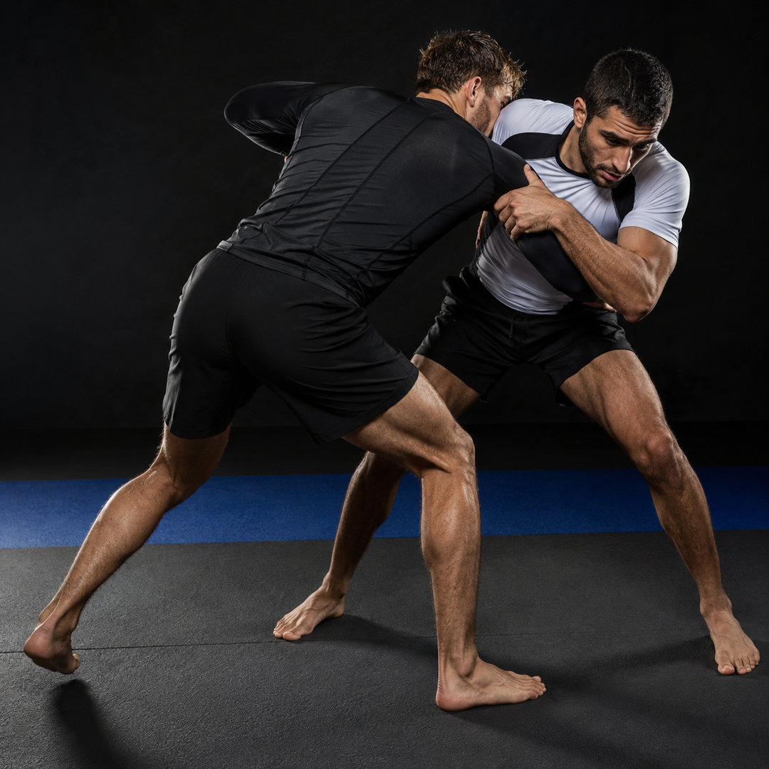 No-gi grapplers training in long sleeve and short sleeve MMA rash guards