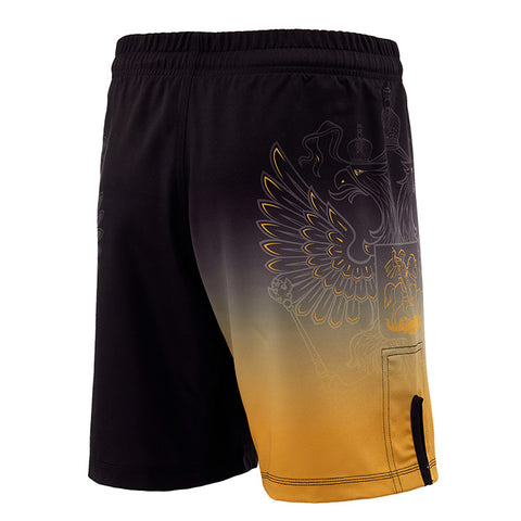 Russia Gold MMA Shorts: Featuring UOMMA Logo with Side Slits for Enhanced Mobility