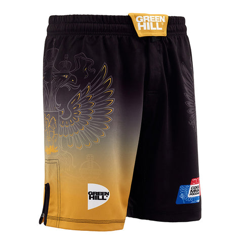 Russia Gold MMA Shorts: Featuring UOMMA Logo with Side Slits for Enhanced Mobility