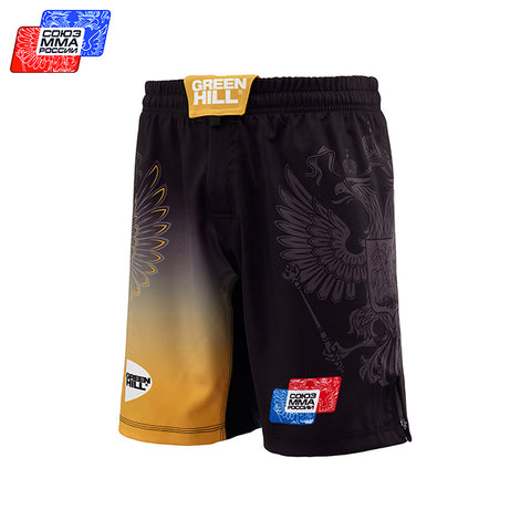 Russia Gold MMA Shorts: Featuring UOMMA Logo with Side Slits for Enhanced Mobility