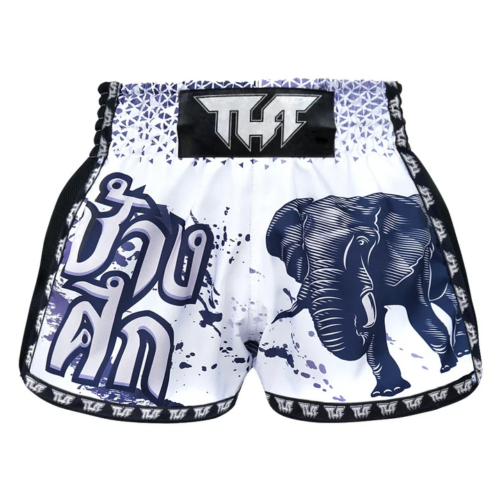 TUFF War Elephant Retro Muay Thai Shorts - White - Sambo Store Australasia