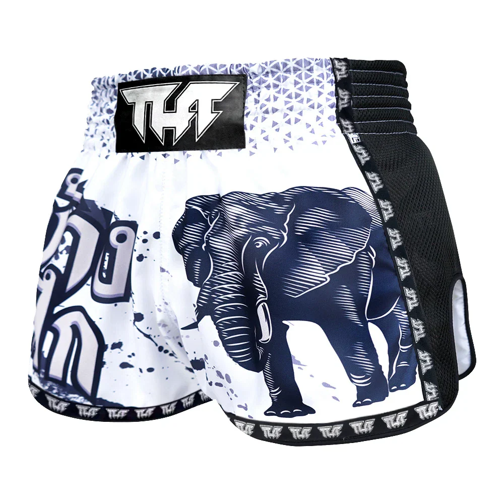 TUFF War Elephant Retro Muay Thai Shorts - White - Sambo Store Australasia