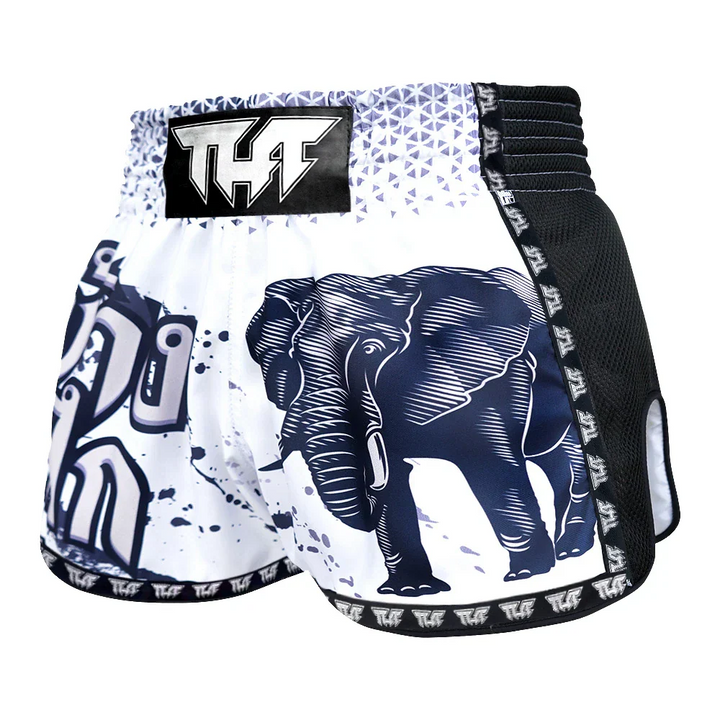 TUFF War Elephant Retro Muay Thai Shorts - White - Sambo Store Australasia