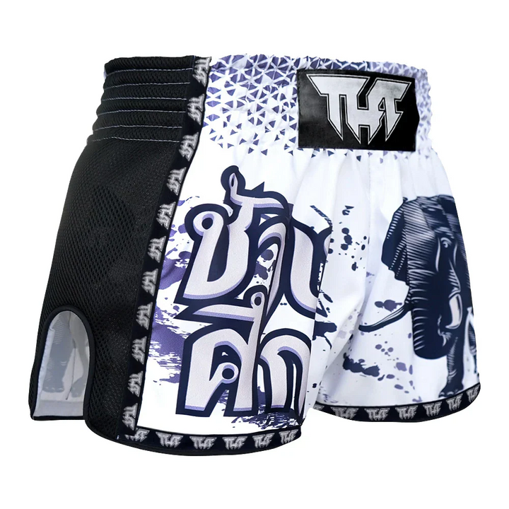TUFF War Elephant Retro Muay Thai Shorts - White - Sambo Store Australasia