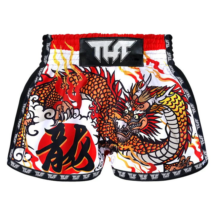 TUFF Chinese Dragon Retro Muay Thai Shorts - White - Sambo Store Australasia