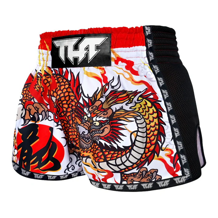 TUFF Chinese Dragon Retro Muay Thai Shorts - White - Sambo Store Australasia
