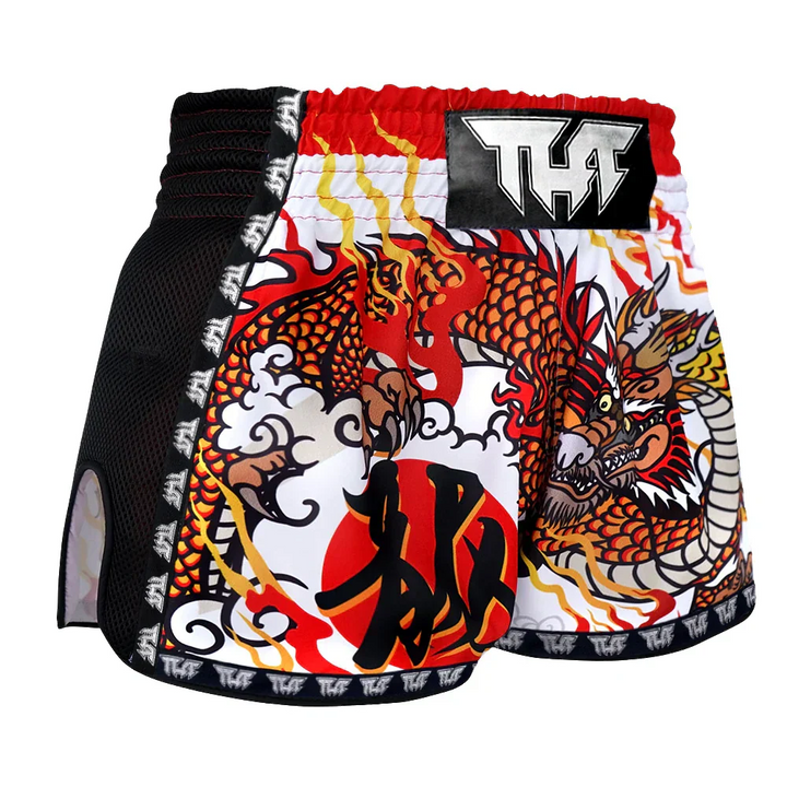 TUFF Chinese Dragon Retro Muay Thai Shorts - White - Sambo Store Australasia