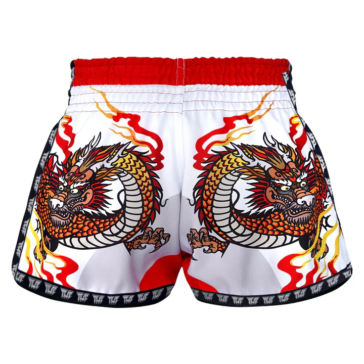 TUFF Chinese Dragon Retro Muay Thai Shorts - White - Sambo Store Australasia