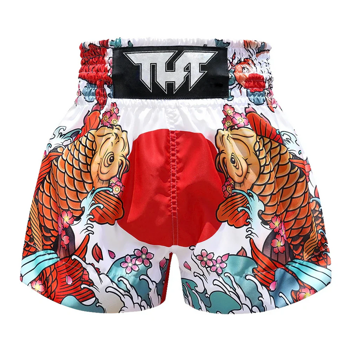 TUFF Japanese Koi Fish Muay Thai Shorts - White - Sambo Store Australasia