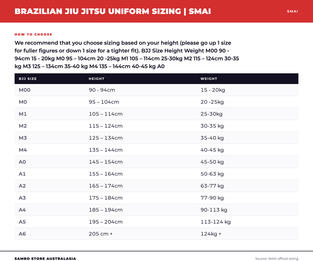 Supreme Brazilian Jiu Jitsu Uniform - Professional Grade Gi for Training & Competition size chart