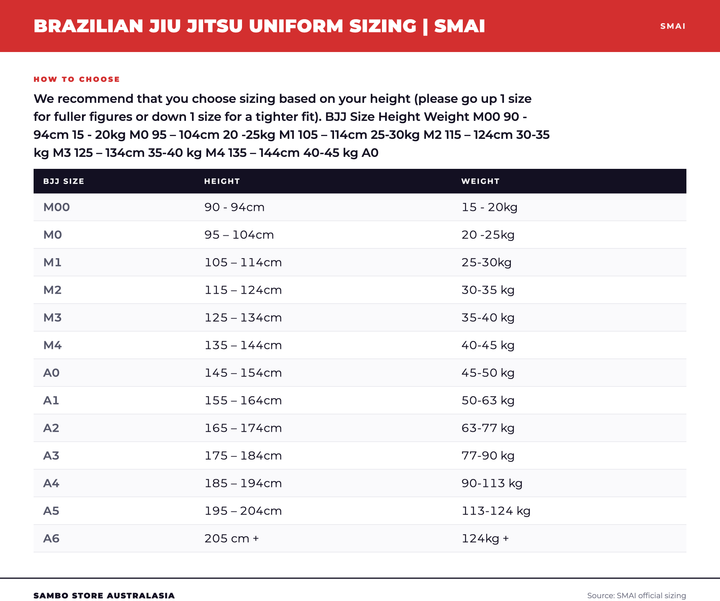 Supreme Brazilian Jiu Jitsu Uniform - Professional Grade Gi for Training & Competition size chart