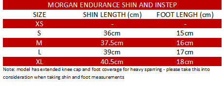 Morgan Endurance Pro Shin and Instep size chart