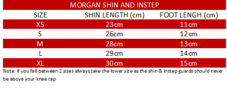 Morgan Elastic Shin & Instep Protectors size chart