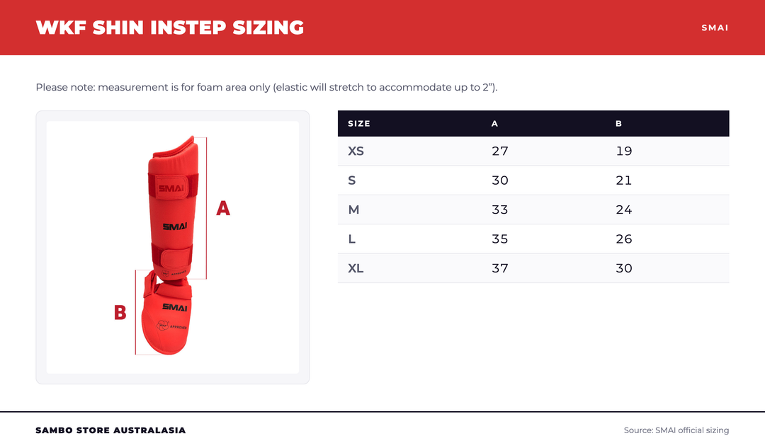 Karate Shin Instep Guard - WKF Approved size chart